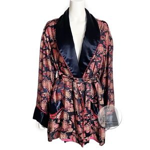 Japanese Robe Black Satin with Metallic Floral Embroidery Vintage Loungewear HTF